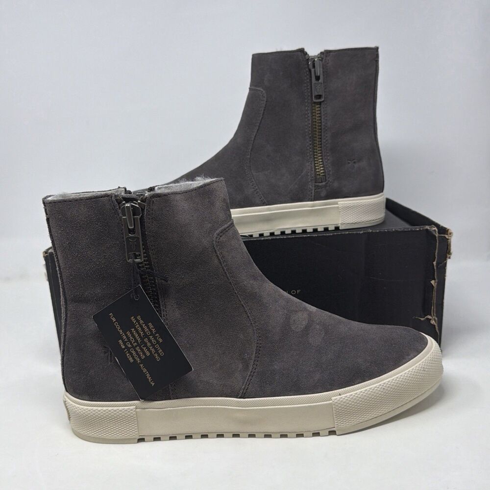 FRYE Gia Lug Shearling Double Zip Boots Women 9.5M Gray 70469 STORE MODEL